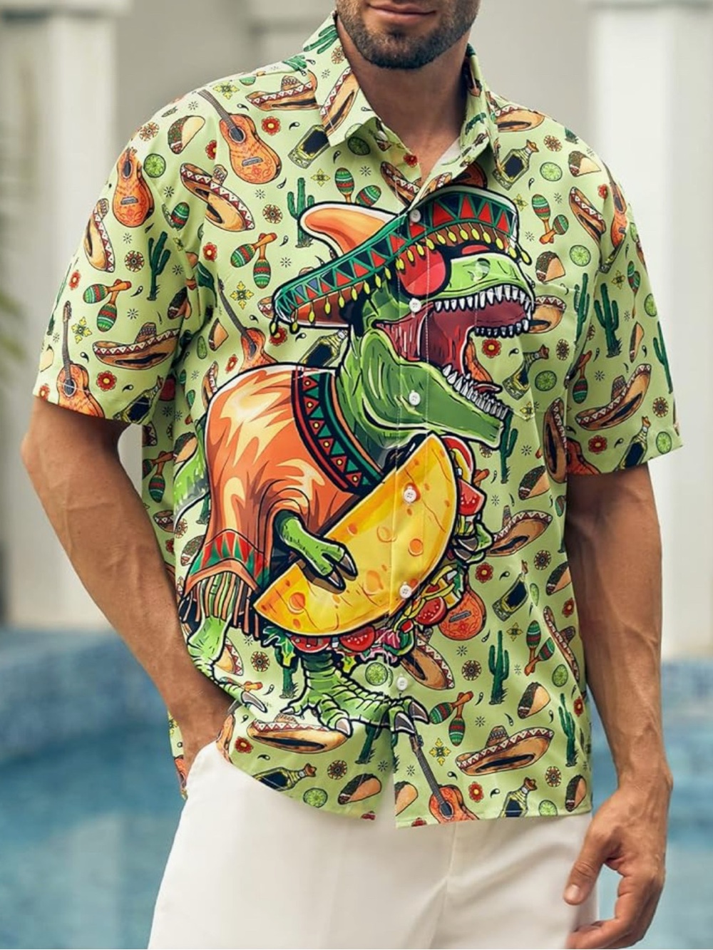 HarDaddy Hawaiian Button-Down Shirt Dinosaur in Sombrero Taco Tequila Size XXL